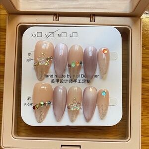 Elegant Nude Press-On Nails with Rhinestones